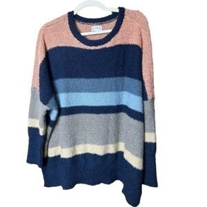 Wonderly Striped Oversized Crewneck Sweater Blue Tan Coral XL